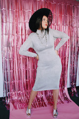 long sleeve mock neck midi length silver metallic grey dress bodycon vintage 1980's