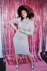 long sleeve mock neck midi length silver metallic grey dress bodycon vintage 1980's