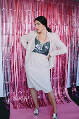 long sleeve light tan blazer and matching knee length pencil skirt with silver rhinestone trim vintage set 1980's