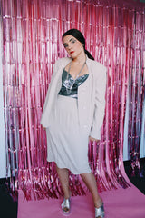 long sleeve light tan blazer and matching knee length pencil skirt with silver rhinestone trim vintage set 1980's