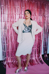 long sleeve light tan blazer and matching knee length pencil skirt with silver rhinestone trim vintage set 1980's