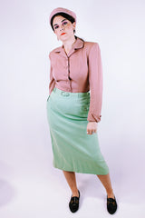 vintage high waisted pencil skirt with matching belt and front pockets in seafoam green