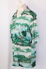 Women's or men's vintage 1970's Innovation by National Shirt Shops short sleeve button up shirt with collar in all over green and blue print in slinky polyester material.