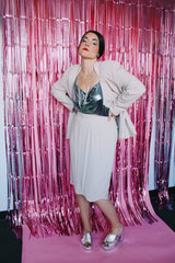 long sleeve light tan blazer and matching knee length pencil skirt with silver rhinestone trim vintage set 1980's