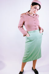 vintage high waisted pencil skirt with matching belt and front pockets in seafoam green