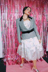 long sleeve black and white checkered wool blazer with velvet trim vintage 1980's