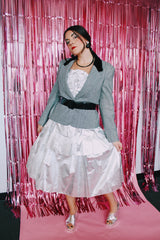 strapless silver metallic dress with two tier skirt and ruched bodice vintage 1980's