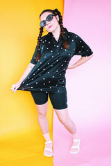 short sleeve black polyester half button shirt with collar with blue and pink square print