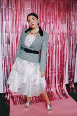 long sleeve black and white checkered wool blazer with velvet trim vintage 1980's