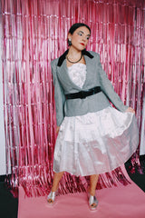 strapless silver metallic dress with two tier skirt and ruched bodice vintage 1980's