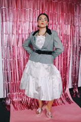 strapless silver metallic dress with two tier skirt and ruched bodice vintage 1980's