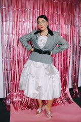 long sleeve black and white checkered wool blazer with velvet trim vintage 1980's