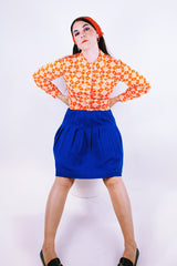 1970's vintage long sleeve printed cropped top orange print buttons up the front with collar