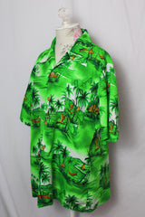 Men's or women's vintage 1990's Dolphin California short sleeve button up shirt with all over green Hawaiian print