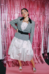 long sleeve black and white checkered wool blazer with velvet trim vintage 1980's