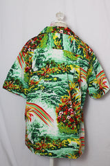 Women's or men's vintage 1970's Towncraft by JCPenney button up cotton shirt with pointy collar and all over green Hawaiian print.