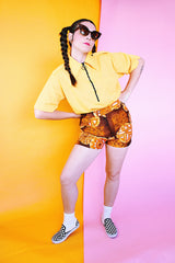 green and brown hawaiian print men's vintage 1970's swim trunks cotton