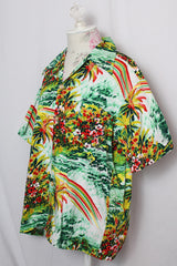 Women's or men's vintage 1970's Towncraft by JCPenney button up cotton shirt with pointy collar and all over green Hawaiian print.