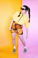 green and brown hawaiian print men's vintage 1970's swim trunks cotton