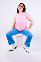 sleeveless vintage 1970's blouse with soft textured acrylic overlay in bubblegum pink