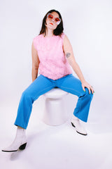 sleeveless vintage 1970's blouse with soft textured acrylic overlay in bubblegum pink