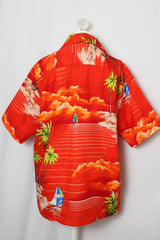 Women's or men's vintage 1970's Made in Hawaii short sleeve red all over Hawaiian print button up shirt.