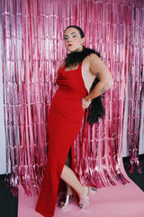 red maxi length polyester adjustable halter neck dress vintage 1980's