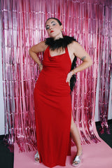 red maxi length polyester adjustable halter neck dress vintage 1980's