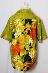Women's or men's vintage 1970's Sears Hawaii label short sleeve Cotton material all over green Hawaiian print button up shirt with one chest pocket and double lapel.