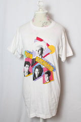 Women's or men's vintage 1985 Screen Stars, Made in USA label short sleeve white t-shirt with 'til tuesday band graphic on the front in various colors.