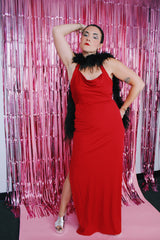 red maxi length polyester adjustable halter neck dress vintage 1980's