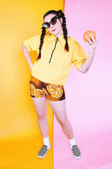 short sleeve yellow ribbed polyester half zip collared bowling shirt vintage 1970's