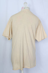 Women's or men's vintage 1978 Ched, Quality Knits, Made in USA label short sleeve tan colored cotton t-shirt with Emmylou Harris graphic for Warner Bros.