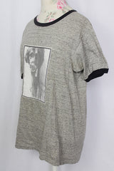 Men's or women's vintage 1970's short sleeve heathered grey band t-shirt by Severin Browne. Navy trim on cuffs and neckline.