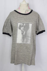 Men's or women's vintage 1970's short sleeve heathered grey band t-shirt by Severin Browne. Navy trim on cuffs and neckline.