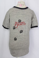 Men's or women's vintage 1970's short sleeve heathered grey band t-shirt by Severin Browne. Navy trim on cuffs and neckline.