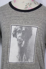 Men's or women's vintage 1970's short sleeve heathered grey band t-shirt by Severin Browne. Navy trim on cuffs and neckline.