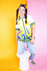 short sleeve zip up blouse with collar white with navy and yellow butterfly print vintage 1970's women's