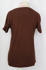 Women's vintage 1977 short sleeve chocolate brown cotton t-shirt with Rod Stewart graphic on the front from album 'Foot Loose & Fancy Free'.