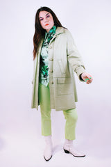 pastel green long sleeve leather jacket buttons up the front and collar 1960's vintage