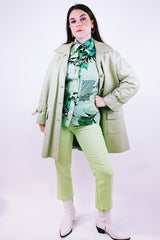 pastel green long sleeve leather jacket buttons up the front and collar 1960's vintage