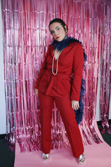 maroon printed long sleeve button up jacket with matching tie belt and matching pants set vintage women's 1970's