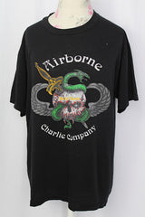 Women's vintage 1980's Soffe Shirts, Made in USA short sleeve black t-shirt in a polyester cotton blend.