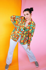 green orange art deco abstract print button up shirt cotton vintage 1970's women's