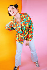 green orange art deco abstract print button up shirt cotton vintage 1970's women's