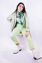 pastel green long sleeve leather jacket buttons up the front and collar 1960's vintage