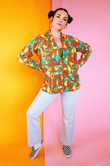 green orange art deco abstract print button up shirt cotton vintage 1970's women's