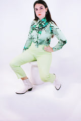long sleeve button up shirt blouse in green floral pattern vintage 1970's