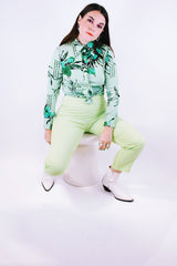 long sleeve button up shirt blouse in green floral pattern vintage 1970's