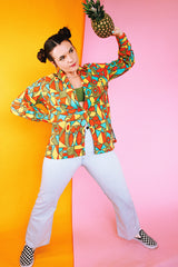 green orange art deco abstract print button up shirt cotton vintage 1970's women's